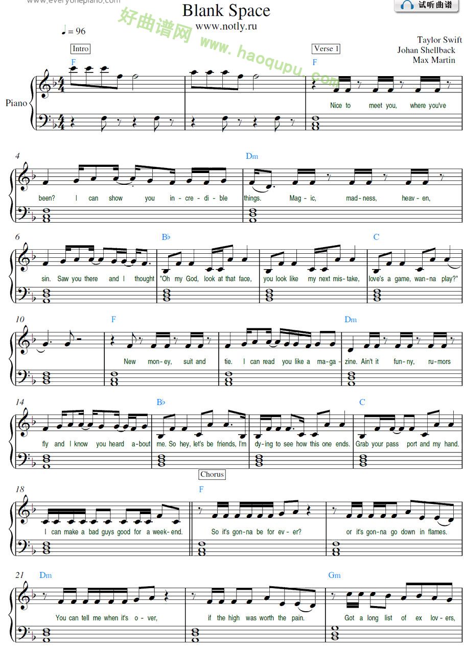 《Blank Space》（Taylor Swift演唱） 钢琴谱第1张