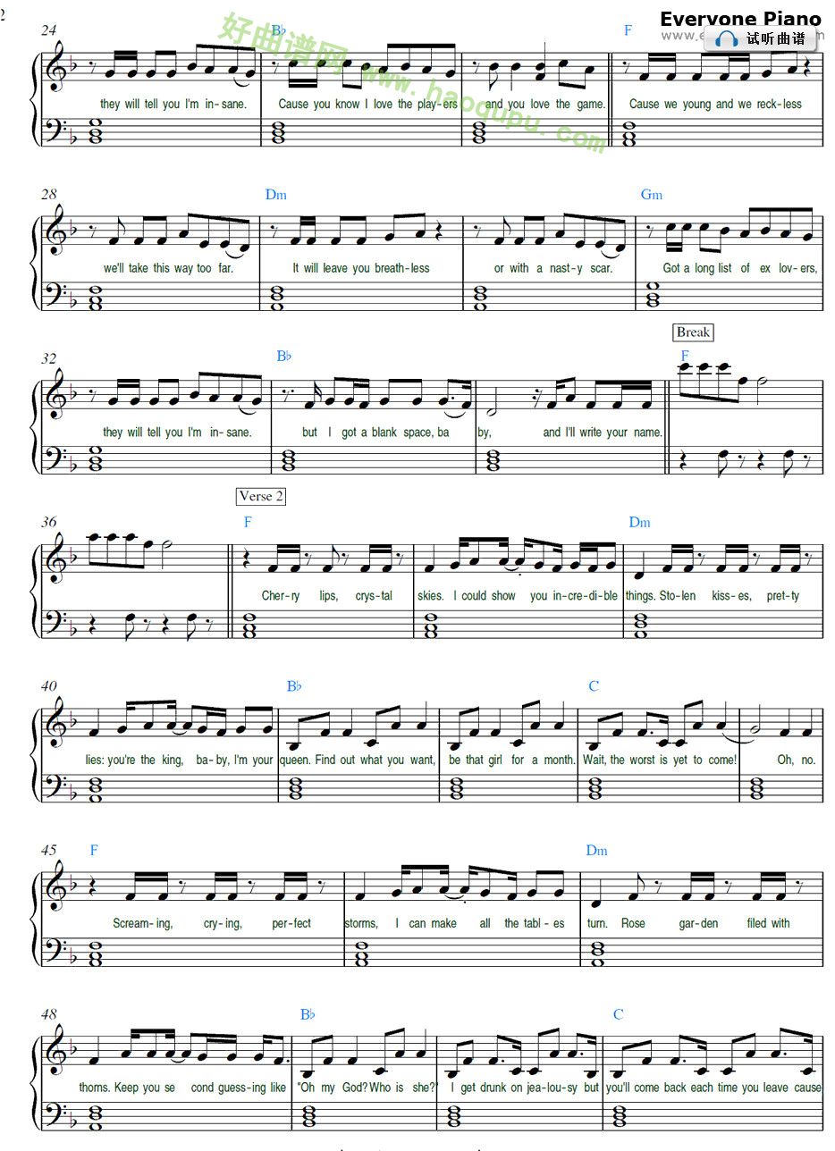 《Blank Space》（Taylor Swift演唱） 钢琴谱第2张