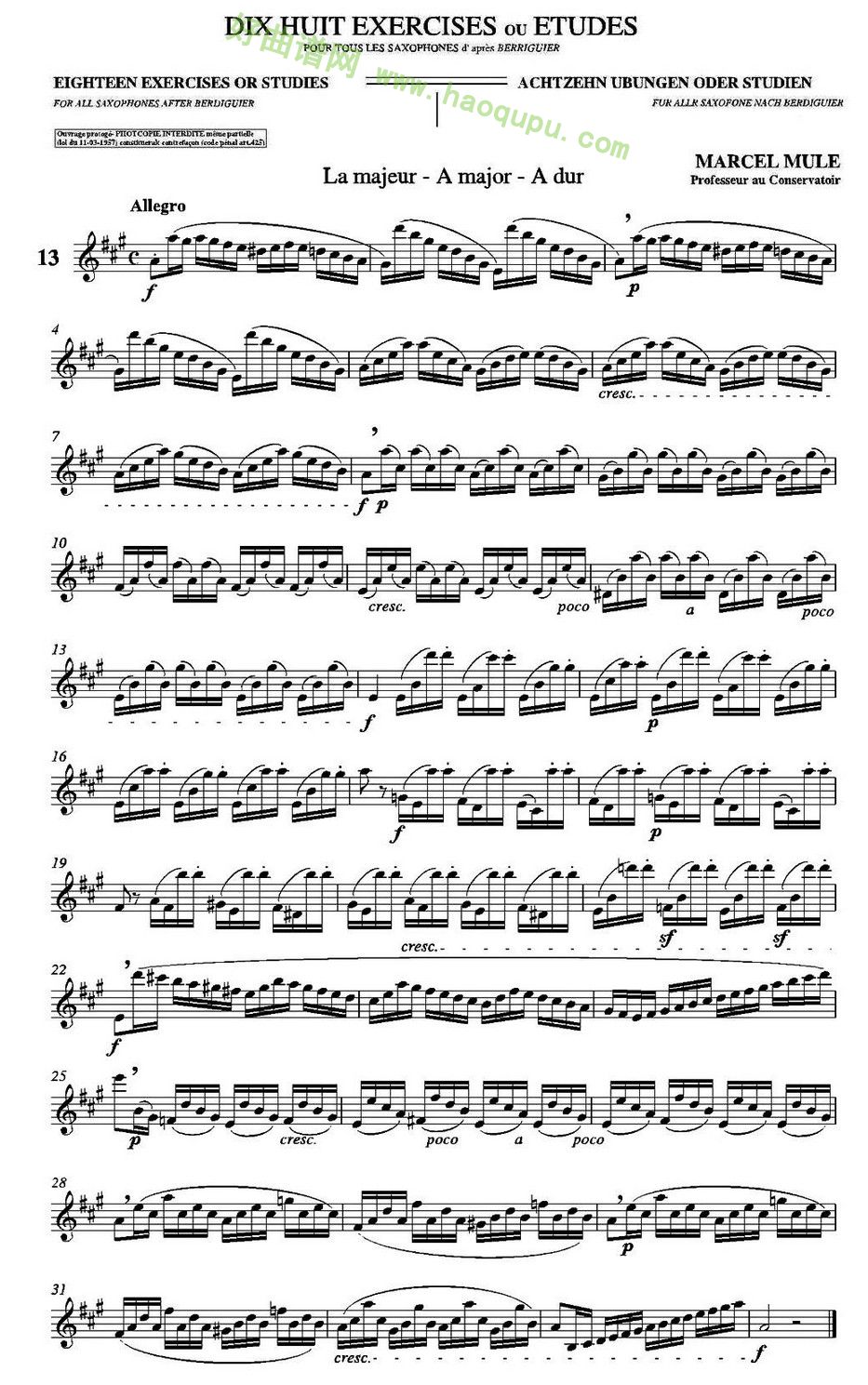 《马瑟·穆勒18首练习曲》（13） 萨克斯简谱第1张