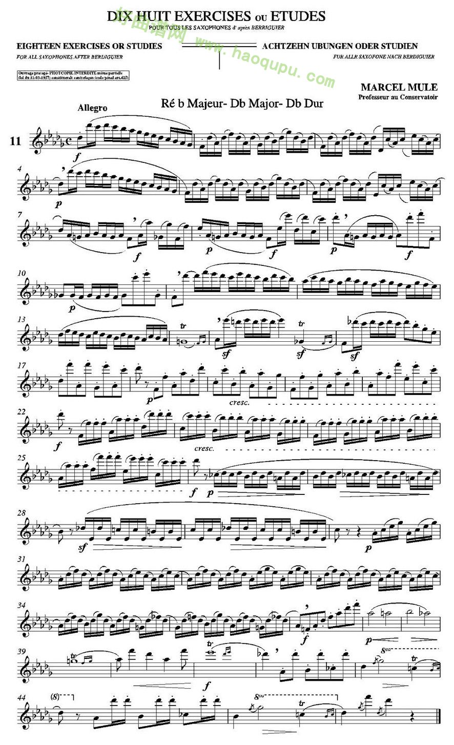 《马瑟·穆勒18首练习曲》（11） 萨克斯简谱第1张