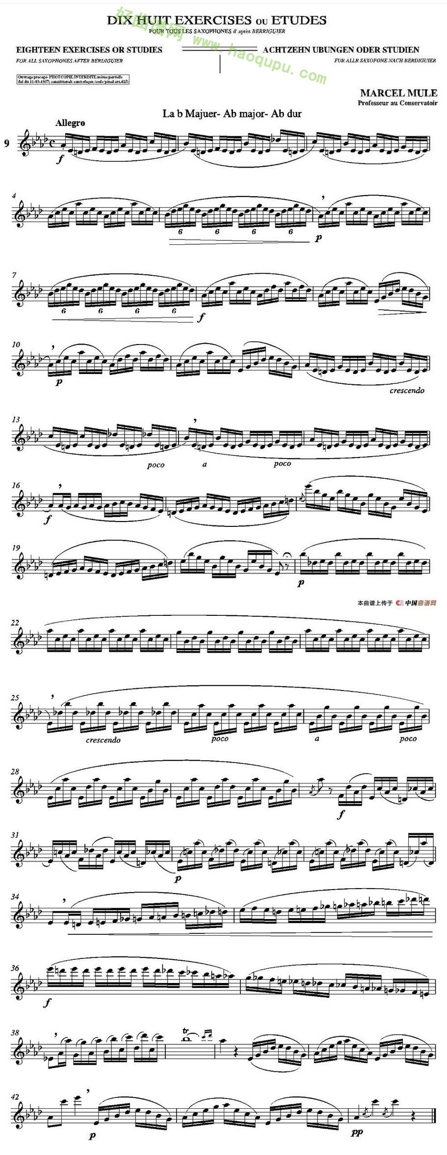 《马瑟·穆勒18首练习曲》（9） 萨克斯简谱第1张