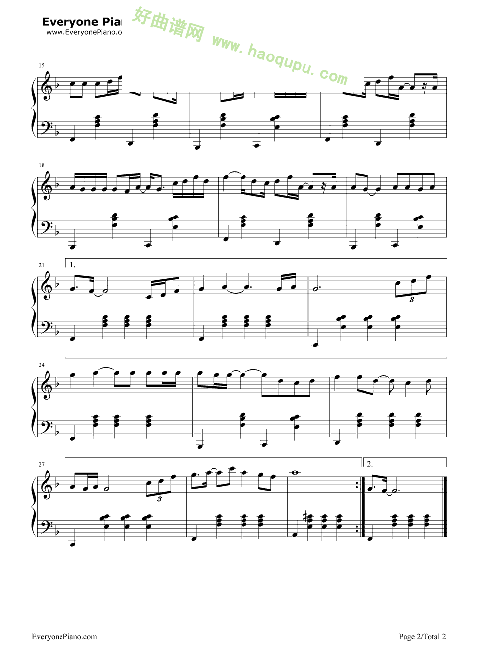 《吻别》（张学友演唱） 钢琴谱第2张