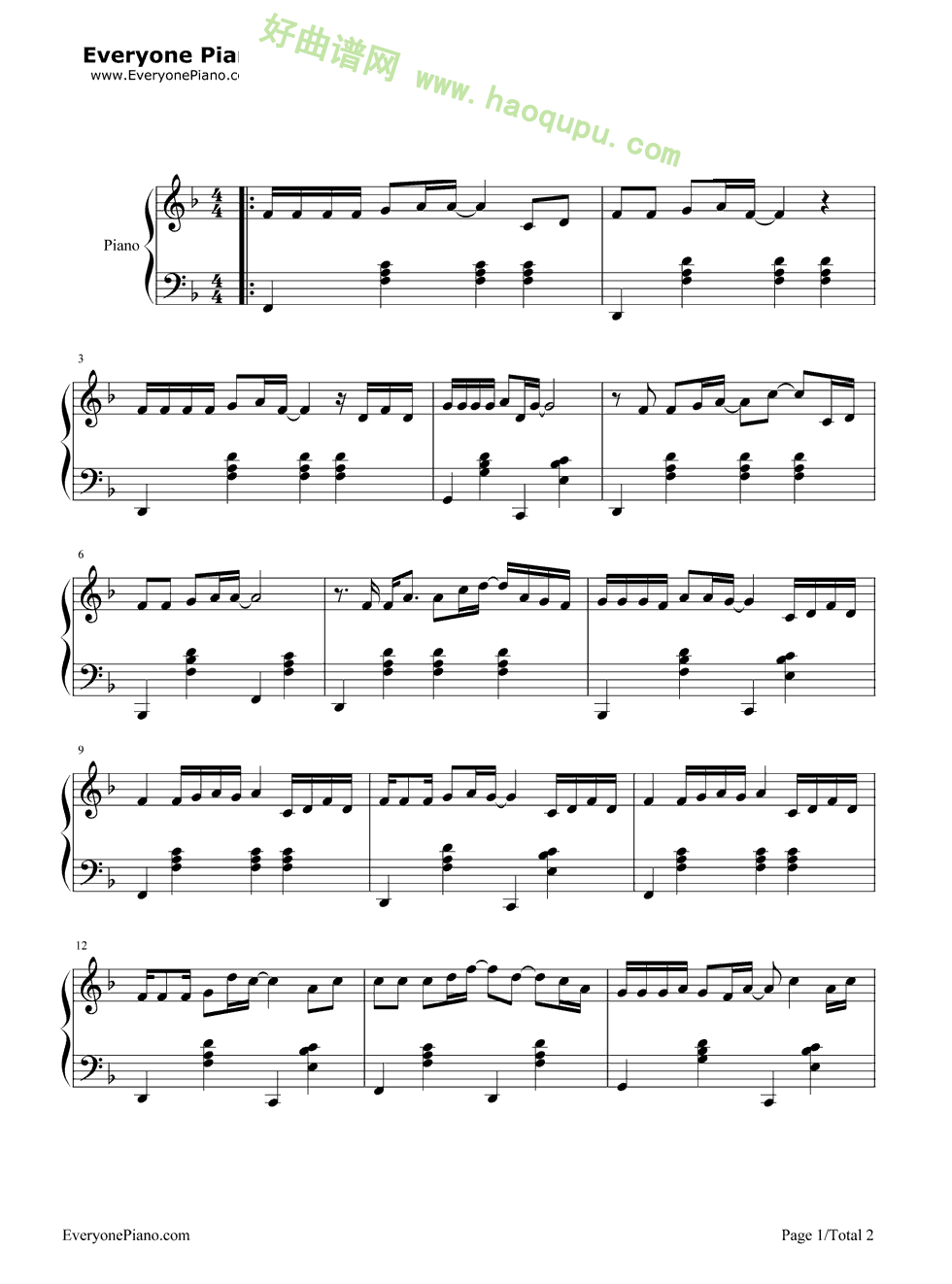 《吻别》（张学友演唱） 钢琴谱第1张