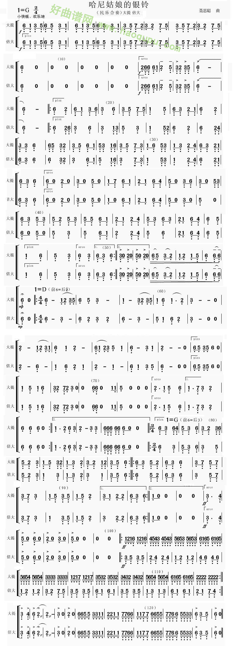 《哈尼姑娘的银铃》（低音分谱)管乐总谱第1张