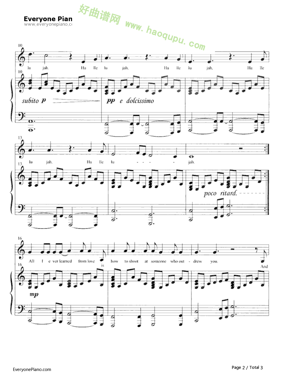 《Hallelujah》（《怪物史莱克》插曲）钢琴谱第2张