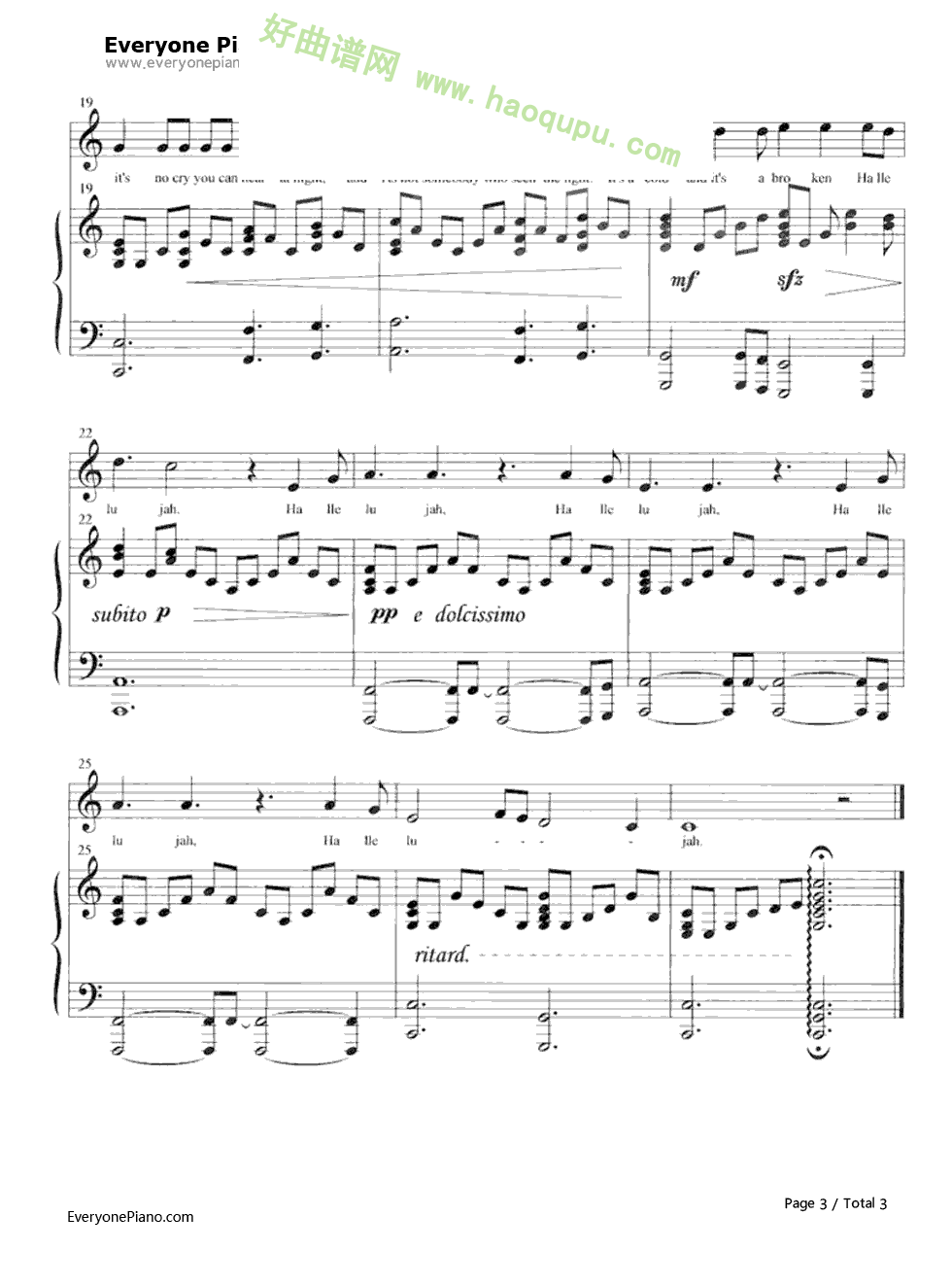 《Hallelujah》（《怪物史莱克》插曲）钢琴谱第3张