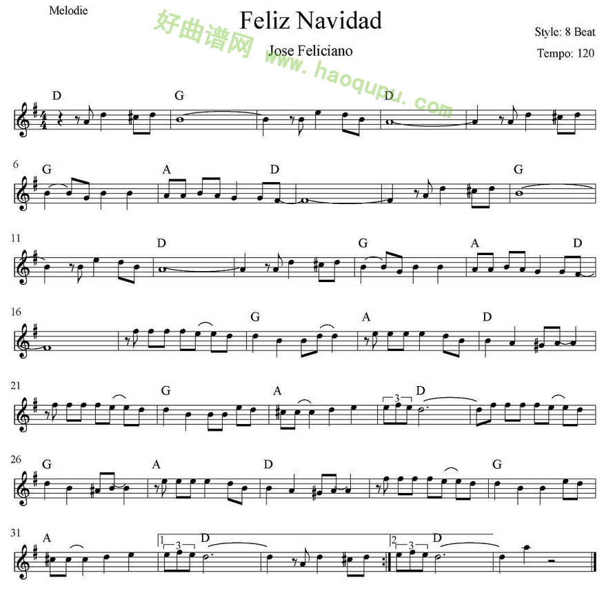 《Feliz Navidad》 电子琴简谱第1张
