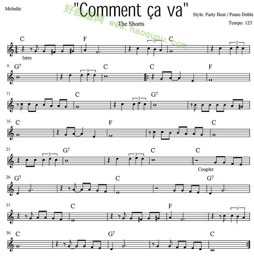 《Comment Cava》 电子琴简谱第1张