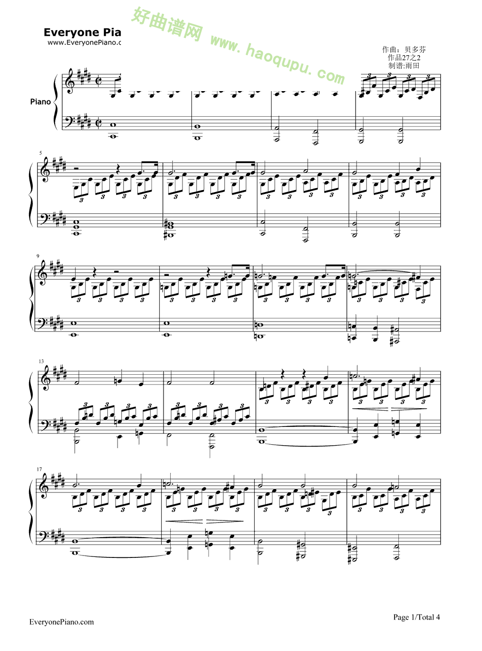 《月光奏鸣曲》（贝多芬） 钢琴谱第1张