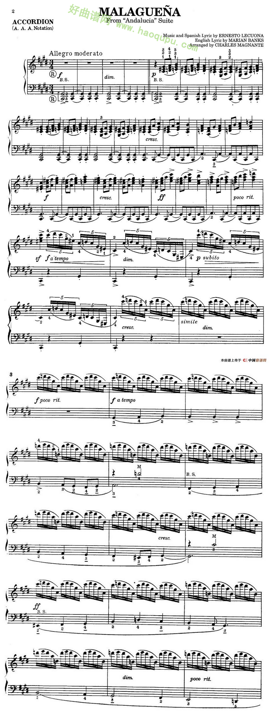 《Malaguena》（马拉加舞曲）手风琴曲谱第1张
