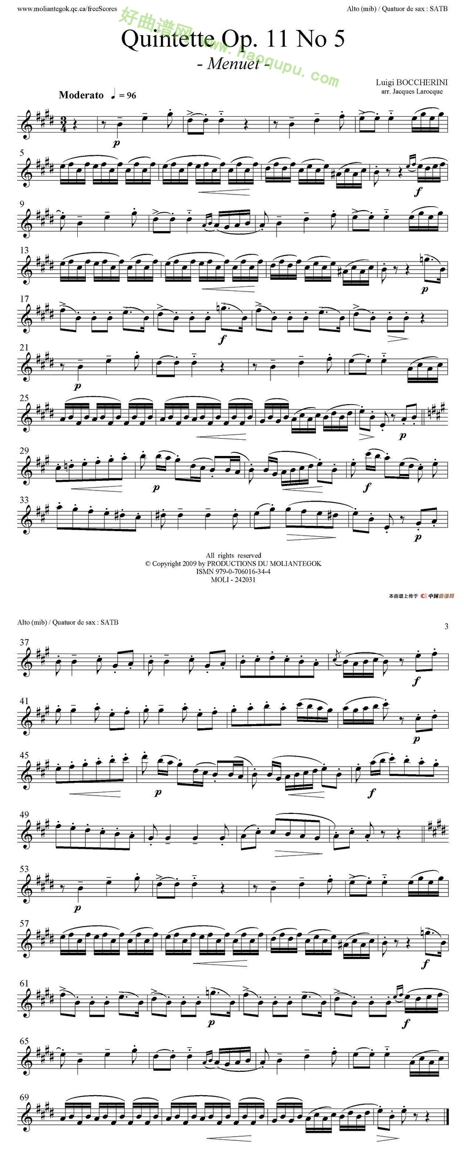 《Quintette Op.11 No.5》（四重奏分谱）萨克斯简谱第1张