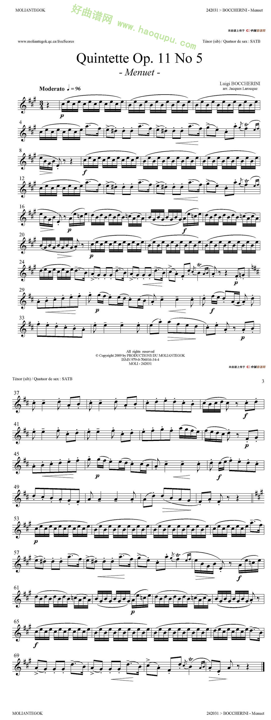 《Quintette Op.11 No.5》（四重奏分谱）萨克斯简谱第2张