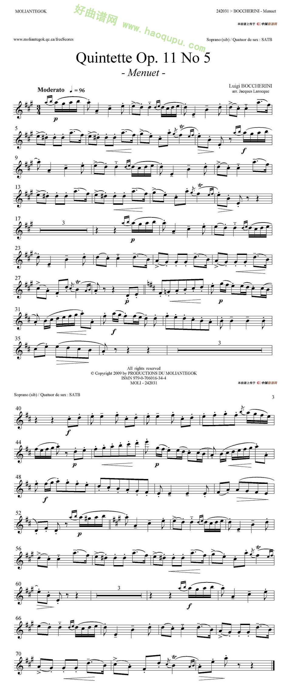 《Quintette Op.11 No.5》（四重奏分谱）萨克斯简谱第3张
