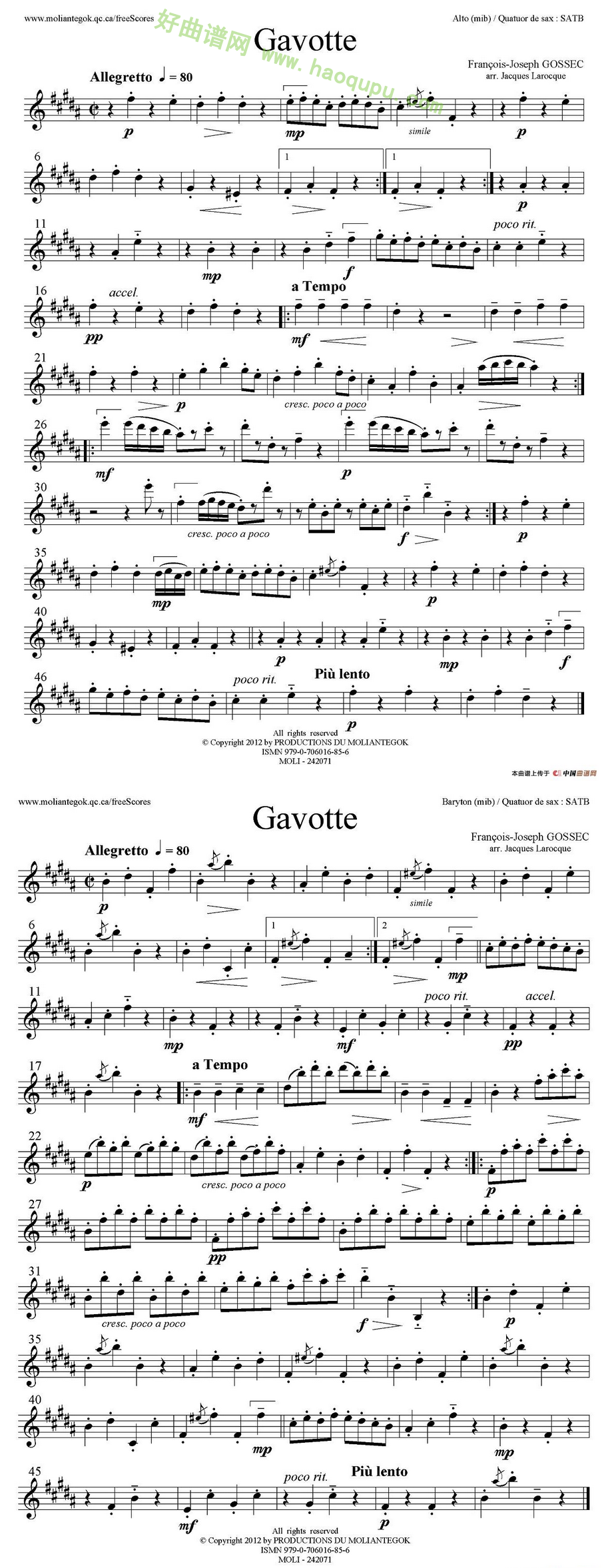 《Gavotte》（四重奏分谱）萨克斯简谱第1张