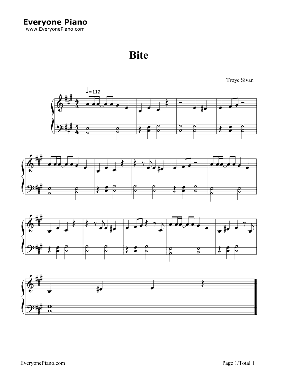 《Bite-Troye》（Sivan演唱） 钢琴谱第1张
