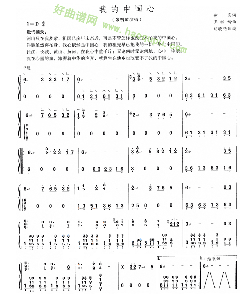 《我的中国心》（胡晓艳改编）古筝曲谱第1张