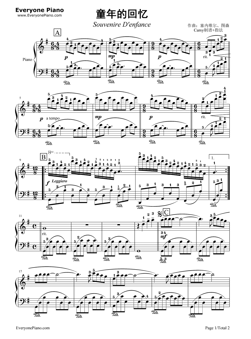 《童年的回忆》（理查德·克莱德曼）钢琴谱第1张