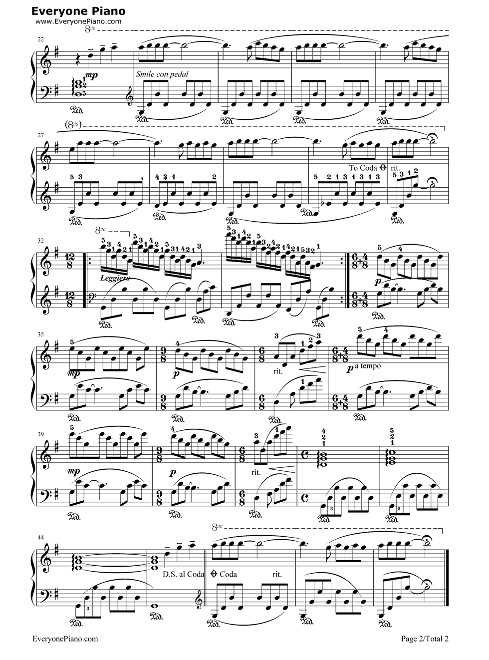 《童年的回忆》（理查德·克莱德曼）钢琴谱第2张