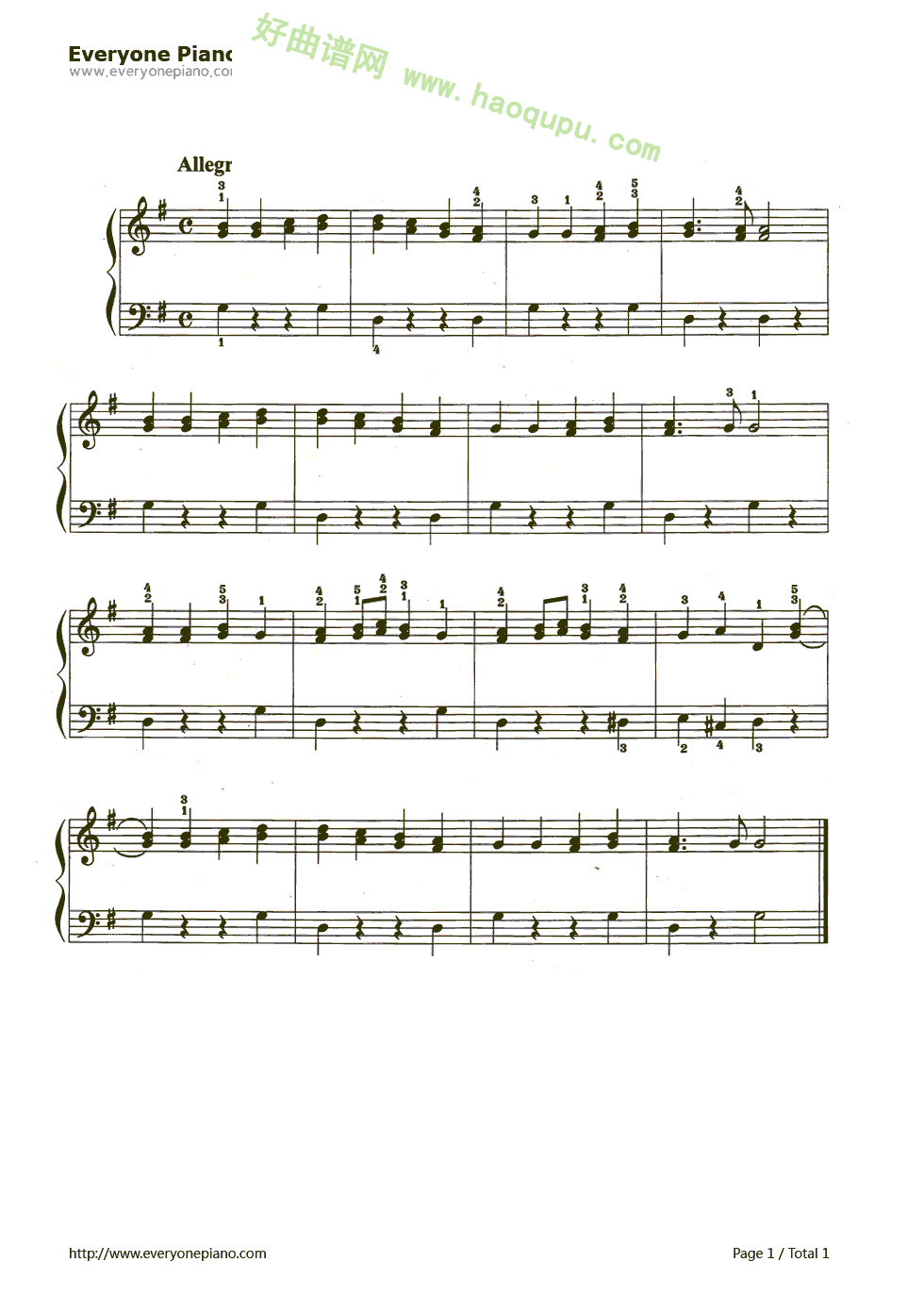 《欢乐颂》（贝多芬演唱）钢琴谱第1张