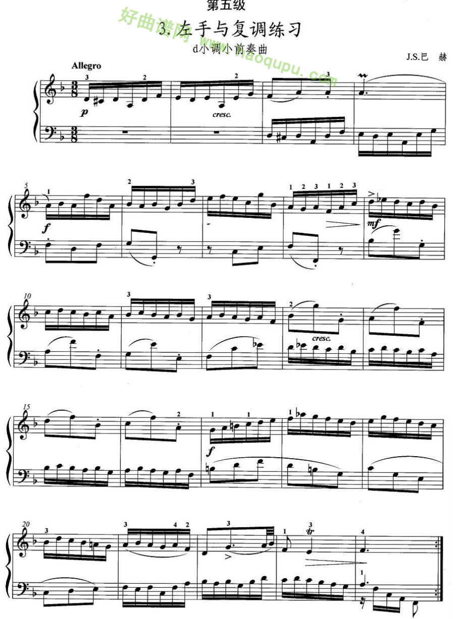 《手风琴考级第五级：3、左手与复调练习》手风琴曲谱第1张